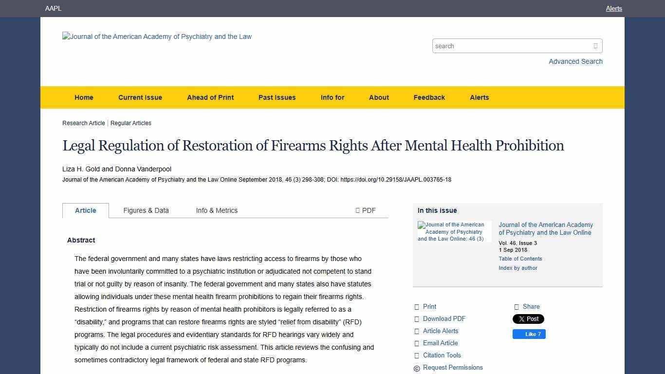 Legal Regulation of Restoration of Firearms Rights After Mental Health Prohibition Journal of the American Academy of Psychiatry and the Law