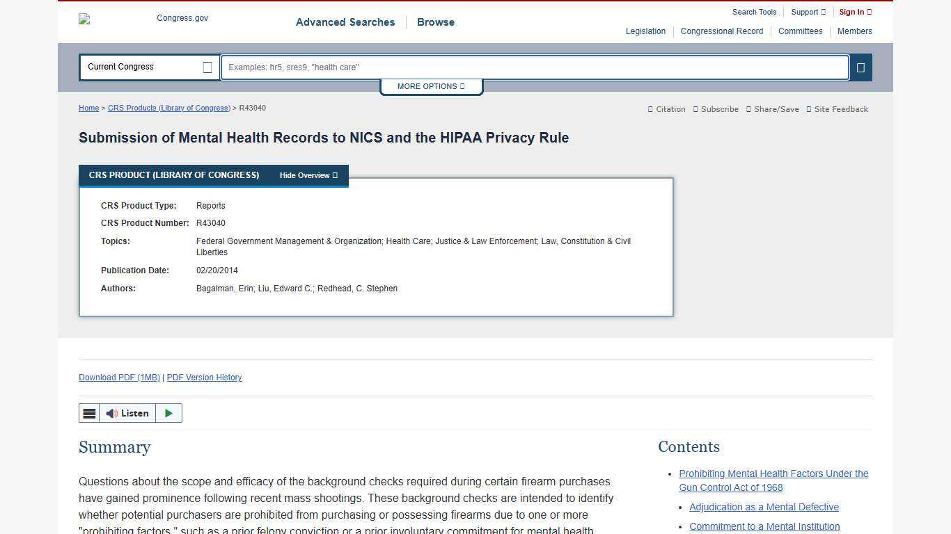 Submission of Mental Health Records to NICS and the HIPAA Privacy Rule Congress.gov Library of Congress